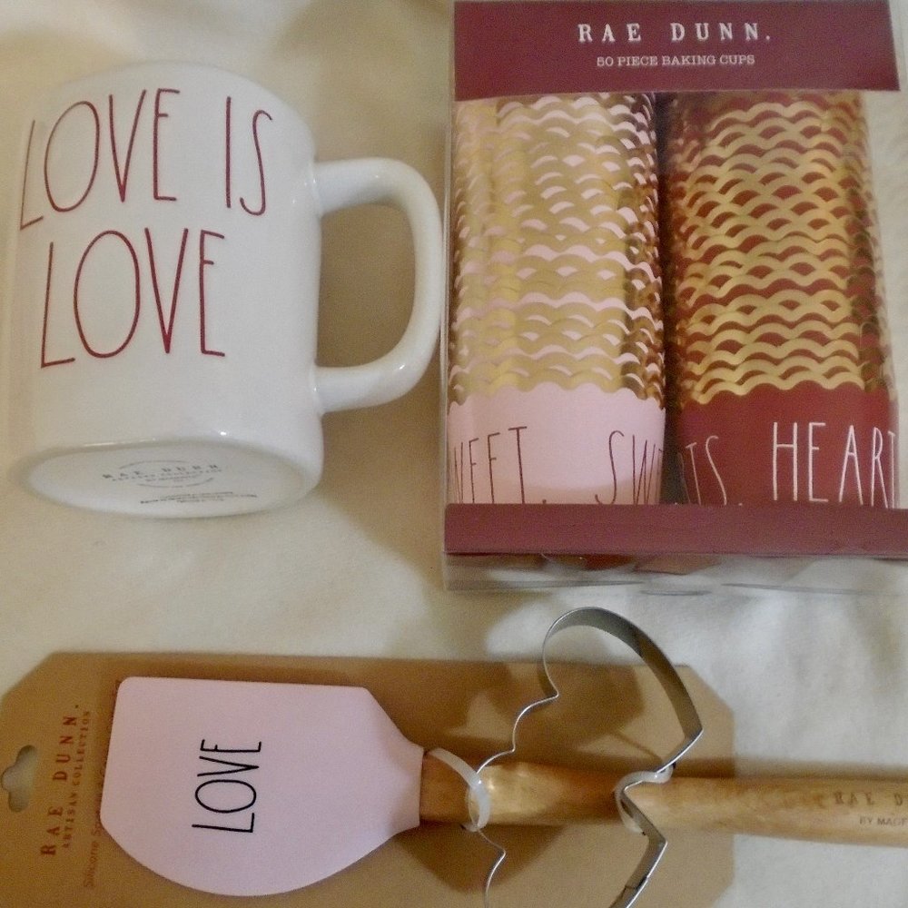 Rae Dunn Love Themed 3 piece Baking set Mug, Baking Cups, and Spatula NEW